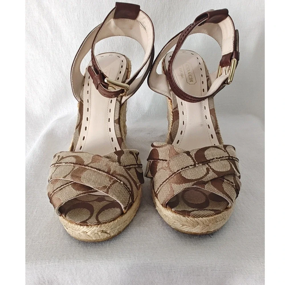 Coach Espadrille Wedge Sandals Brown Monogram Canvas Ankle Strap 2000s 39 8.5